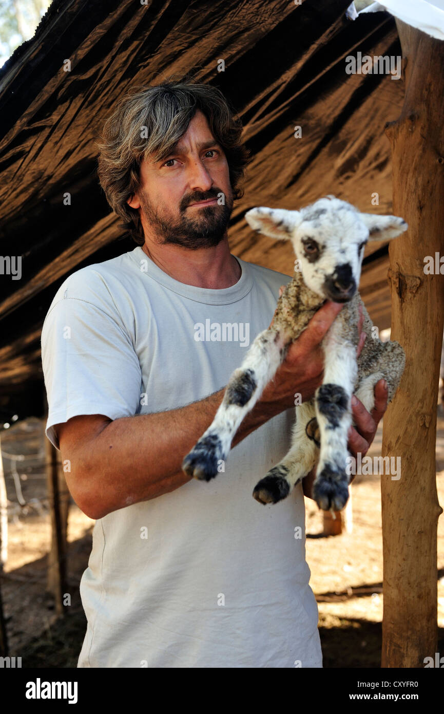 Portrait d'un petit exploitant détenant un chevreau, kit, Gran Chaco, province de Santiago del Estero, en Argentine, en Amérique du Sud Banque D'Images