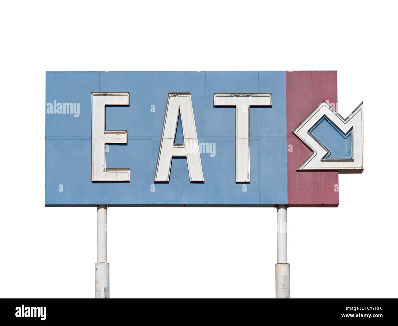 Vintage blue arrow sign manger près de l'historique route 66. Banque D'Images