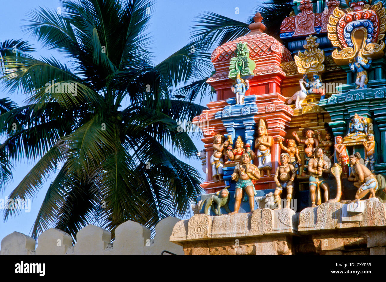 Sculptures sur Srinangam temple, Tiruchirappalli, Tamil Nadu, Inde, Asie Banque D'Images
