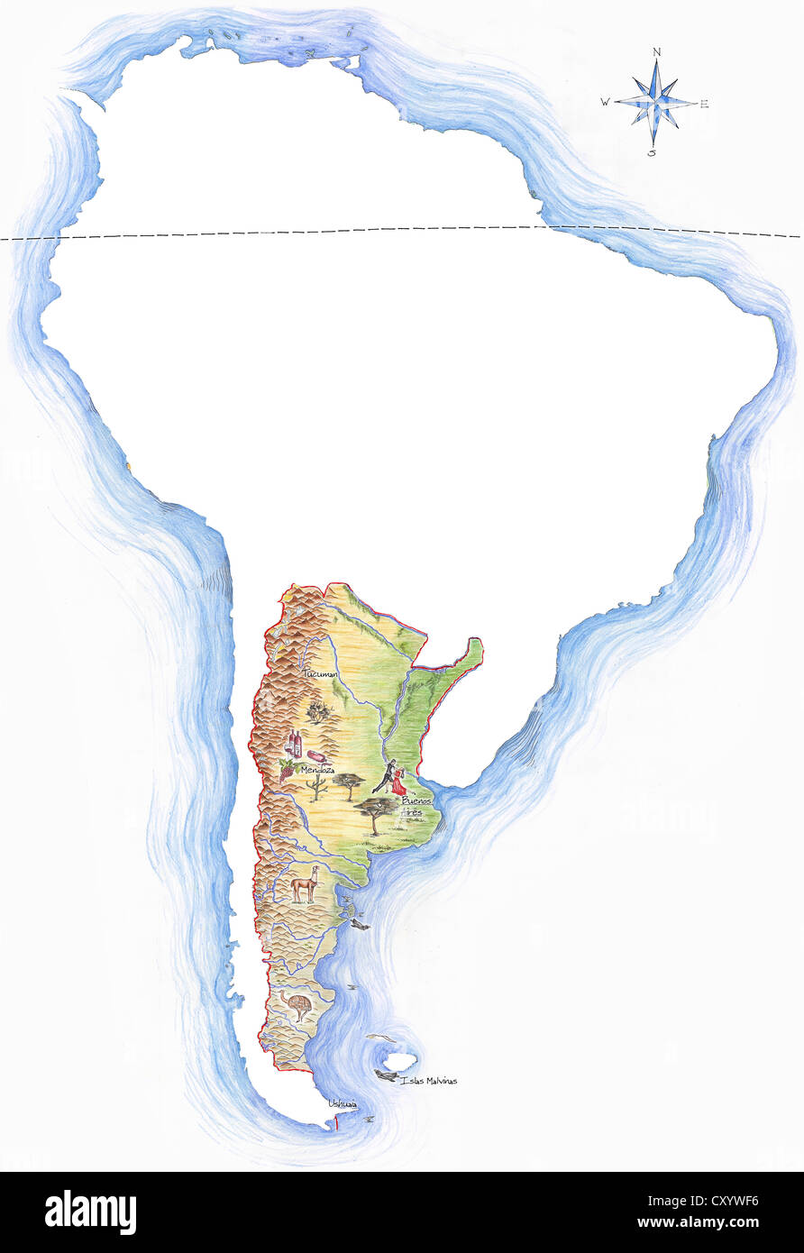 Dessiné à la main très détaillée carte de l'Argentine à l'intérieur du contour de l'Amérique du sud avec une rose des vents et de l'équateur Banque D'Images