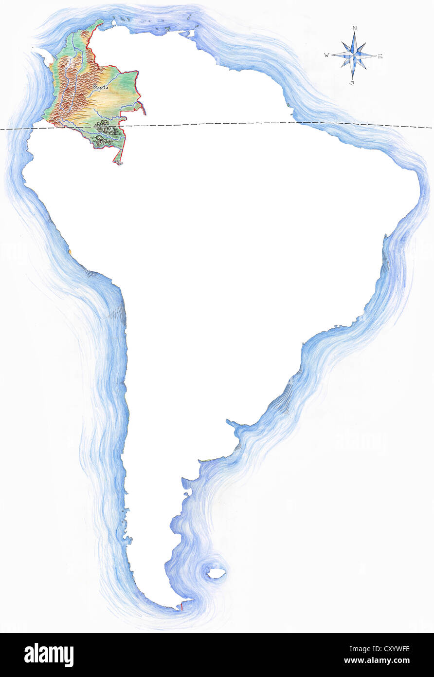 Dessiné à la main très détaillée Carte de la Colombie à l'intérieur du contour de l'Amérique du sud avec une rose des vents et de l'équateur Banque D'Images