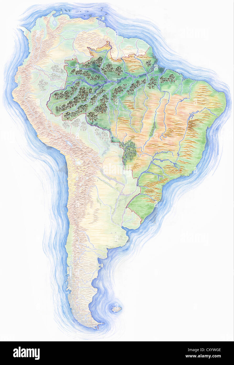 Dessiné à la main très détaillées de l'Amérique du Sud avec le Brésil a souligné Banque D'Images