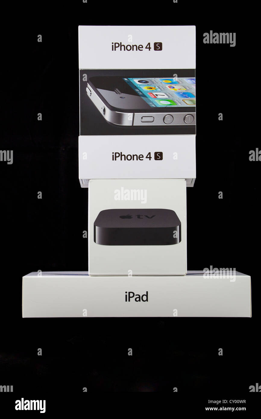 Boîtes d'emballage pour l'iPhone 4S, iPhone 4, Apple TV et le nouvel iPad Banque D'Images