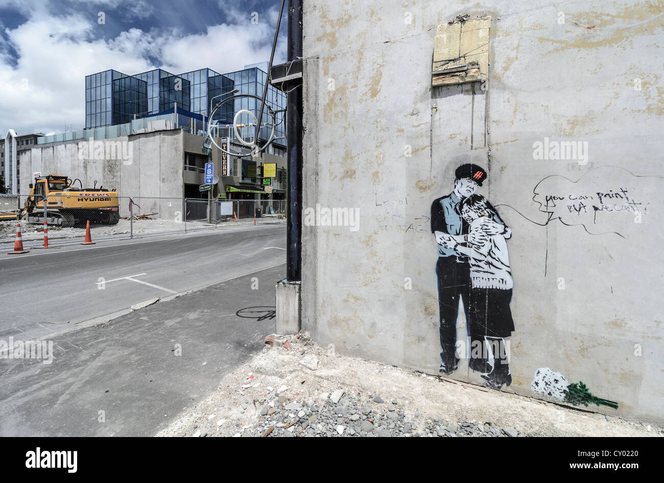 Le Graffiti dans la ville cente de Christchurch, fortement endommagée par les tremblements de terre, Île du Sud, Nouvelle-Zélande Banque D'Images