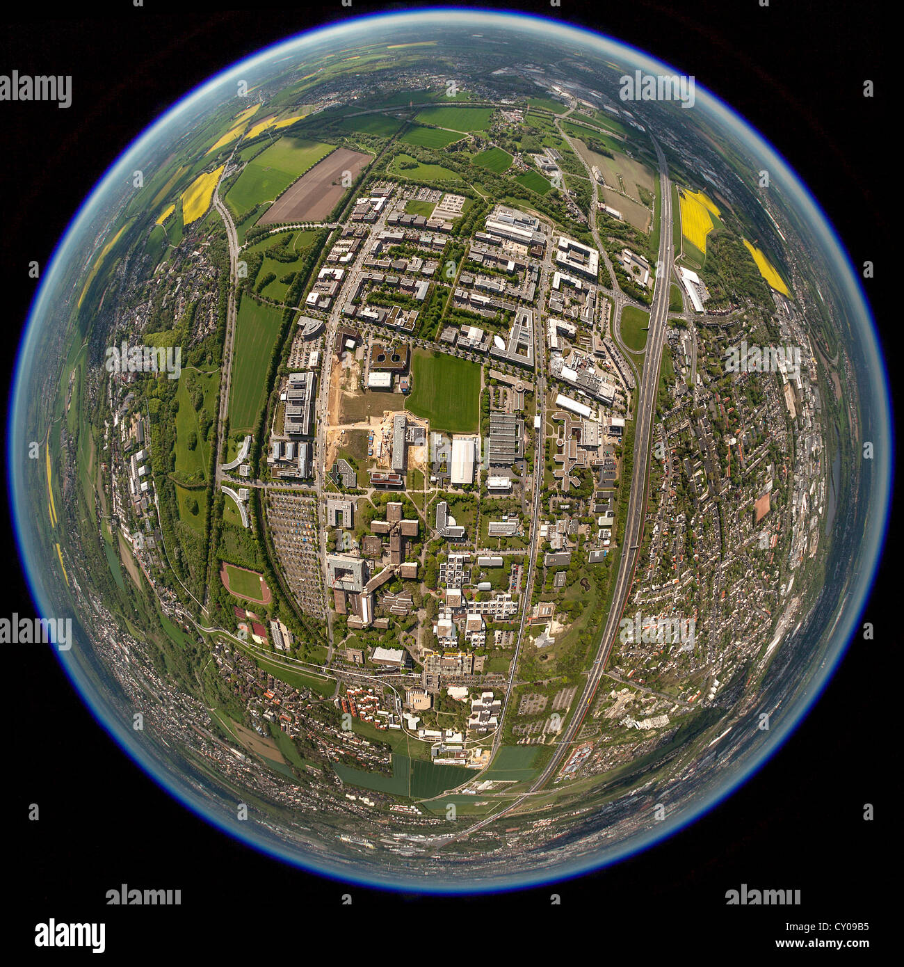 Vue aérienne, prise avec un objectif fisheye, Dortmund TechnologiePark, Université de Dortmund, Dortmund, Ruhr Banque D'Images