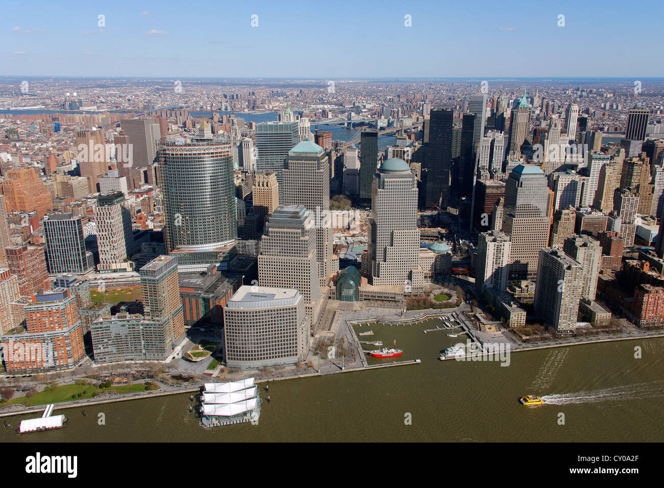 Vue aérienne, vol touristique, Ground Zero, le World Financial Center, North Cove Marina, Manhattan, New York City, New York Banque D'Images