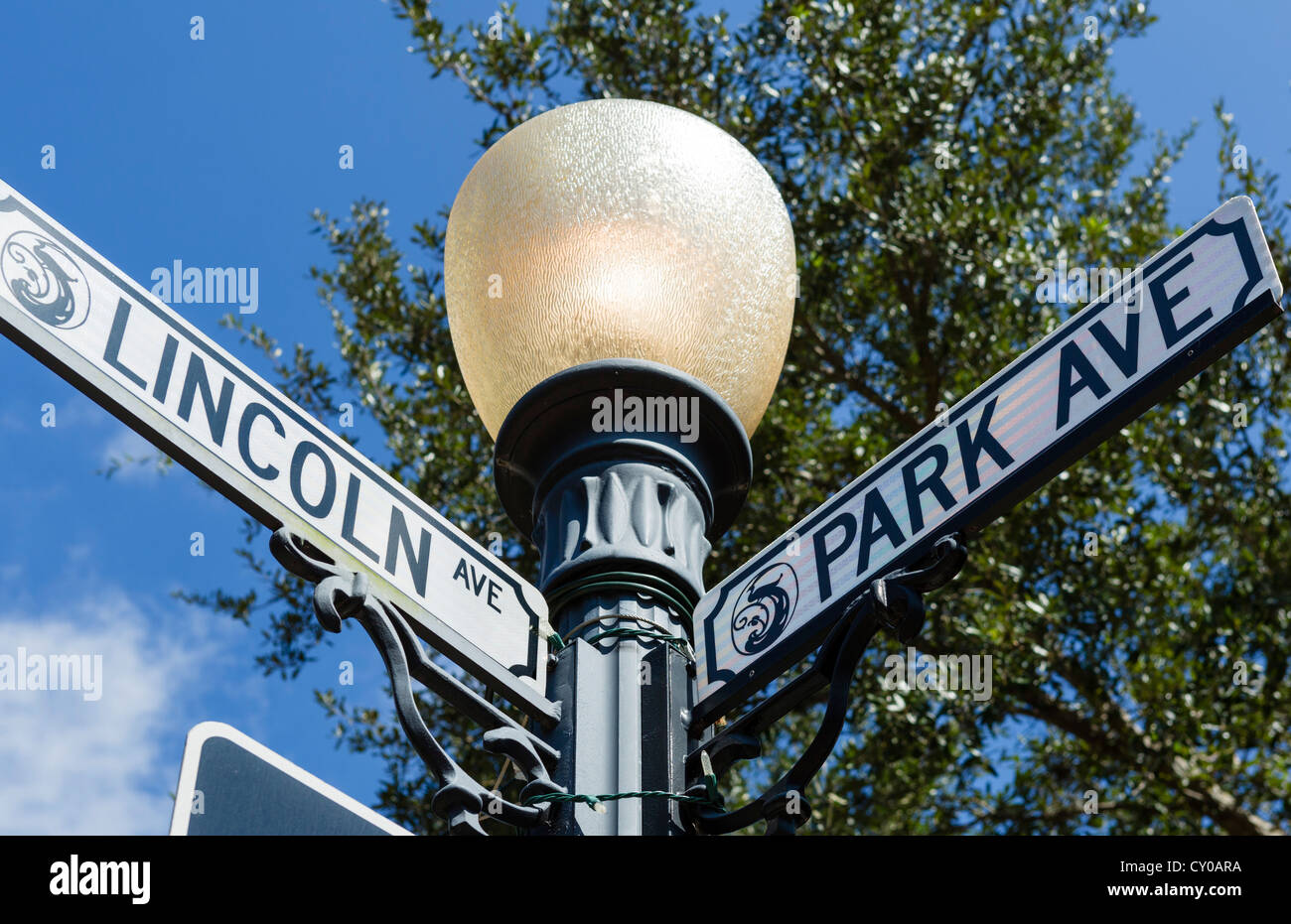 Plaque de rue sur Park Avenue (la rue principale), Winter Park, Central Florida, USA Banque D'Images