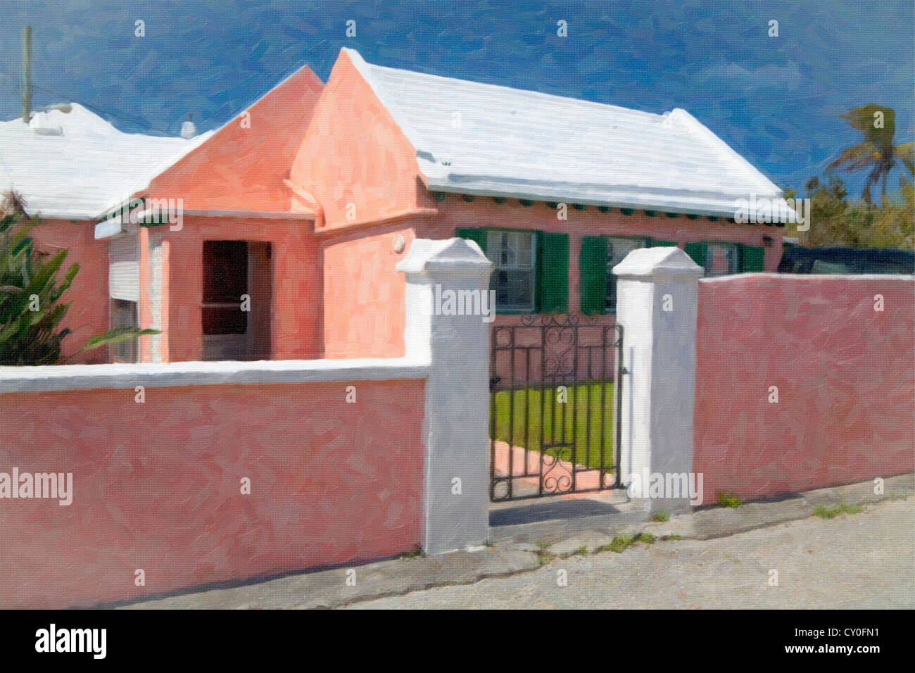 Un bermudien traditionnel accueil et jardin est entouré par un mur en stuc avec une grille métallique porte. Banque D'Images