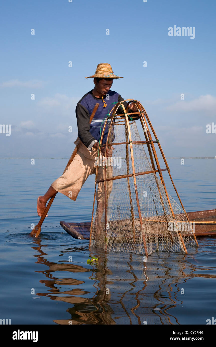 Le Myanmar, Birmanie. Plaçant son filet de pêcheur, au Lac Inle, l'État Shan. Banque D'Images