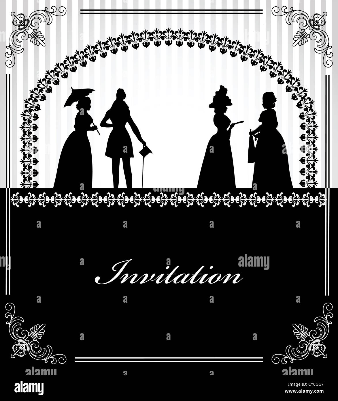 Invitation de mariage avec des silhouettes noires de lady et gentleman Banque D'Images