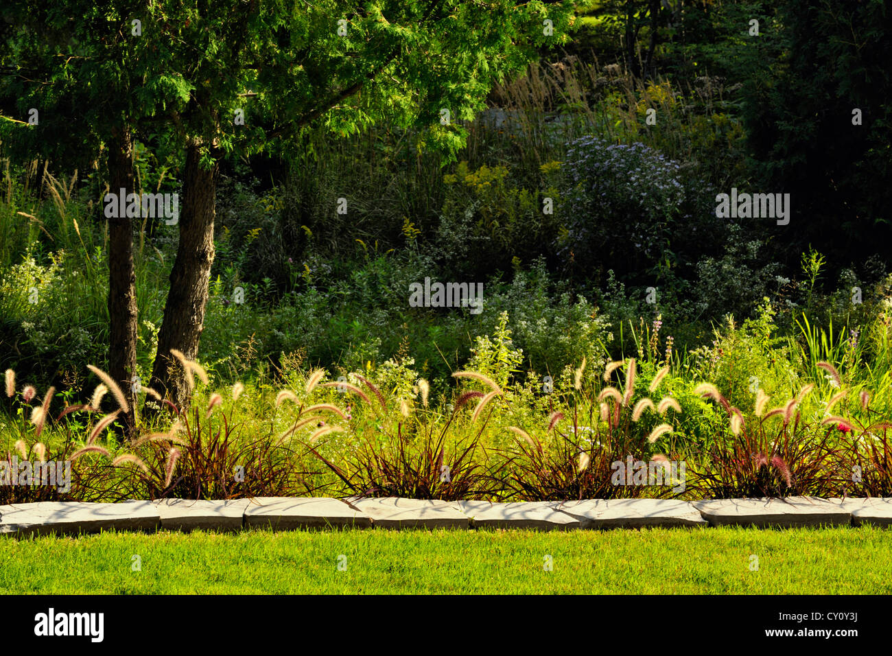 Jardin avec fontaine mur donnant sur les herbes de prairie naturalisés, Grand Sudbury, Ontario, Canada Banque D'Images