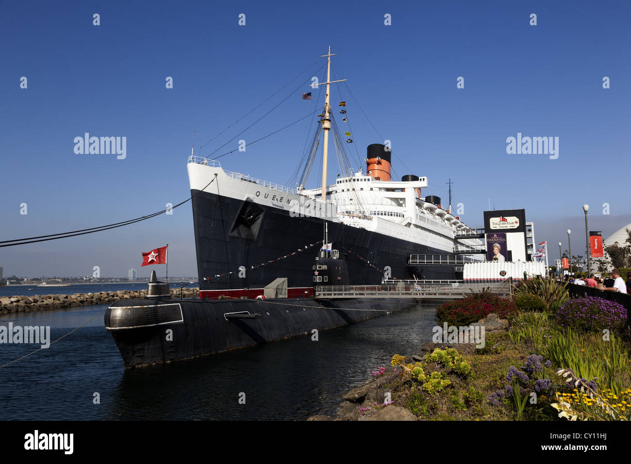 Queen Mary, ancien paquebot navire, cruis shp amarré à Long Beach Californie du Sud United States Banque D'Images