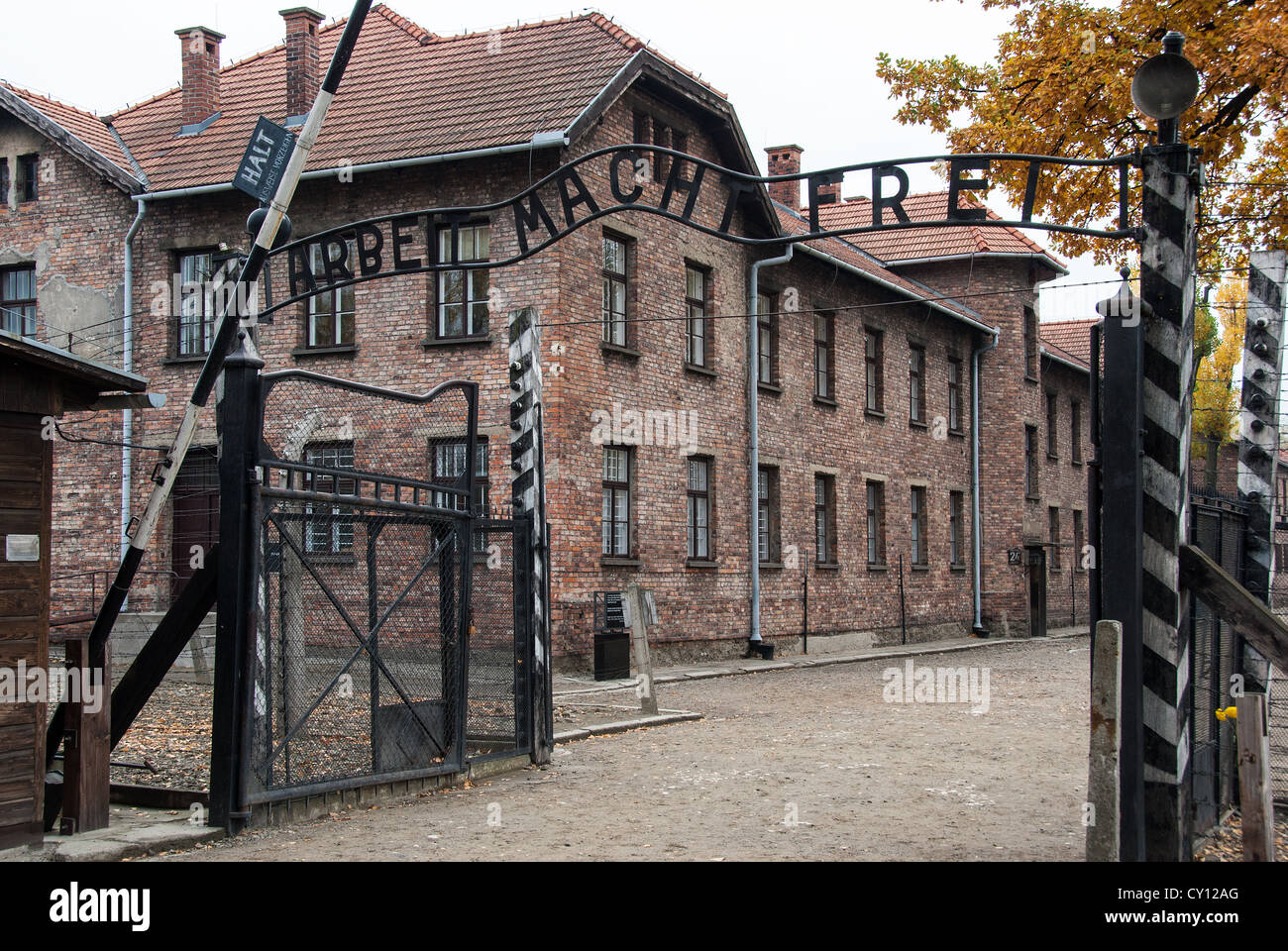 L'entrée du Musée d'état d'Auschwitz-Birkenau Le 28 octobre 2007 à Oswiecim, Pologne. Banque D'Images