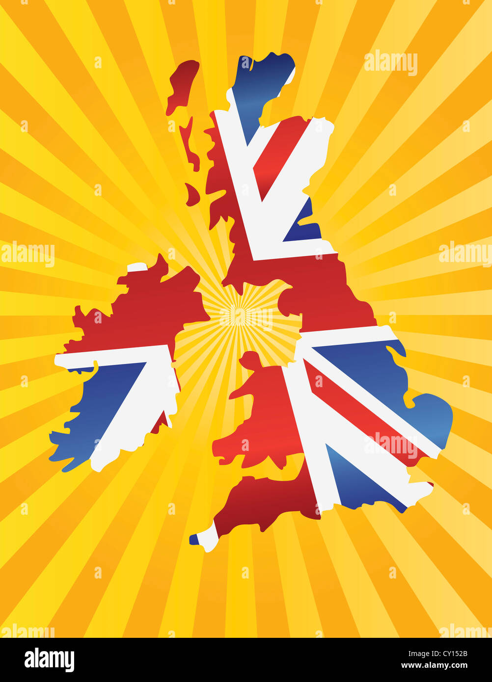 Angleterre Union Jack Flag dans la carte Silhouette aux rayons du soleil Illustration d'arrière-plan Banque D'Images