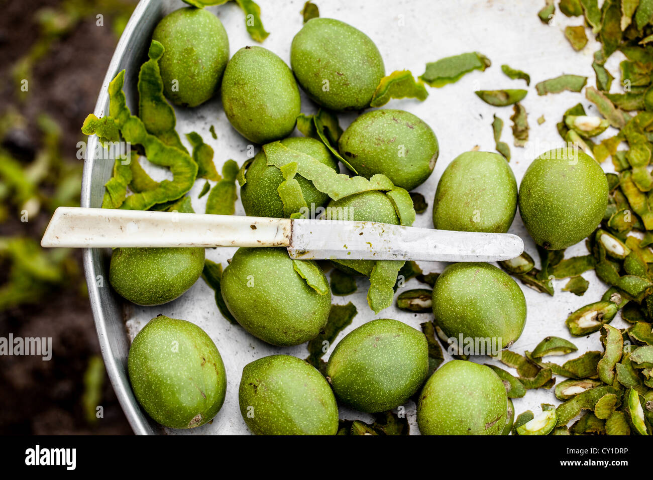 Le bac de noix fraîches et peelings, village Karaagac, Chypre du Nord Banque D'Images