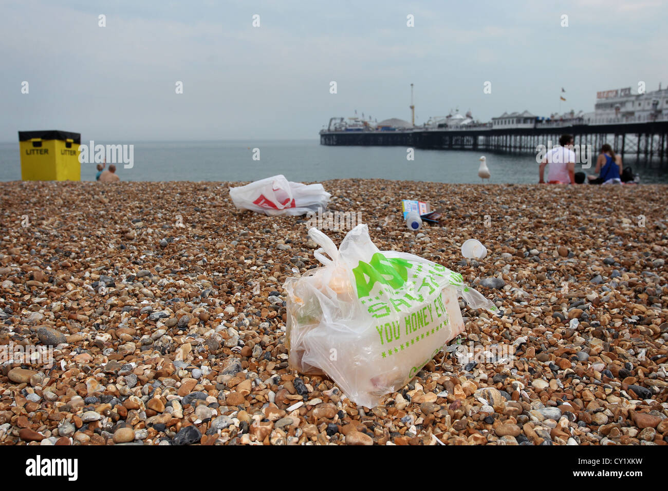 Tous les détritus sur la plage de Brighton près de la jetée de Brighton (Palace), East Sussex, UK. Banque D'Images