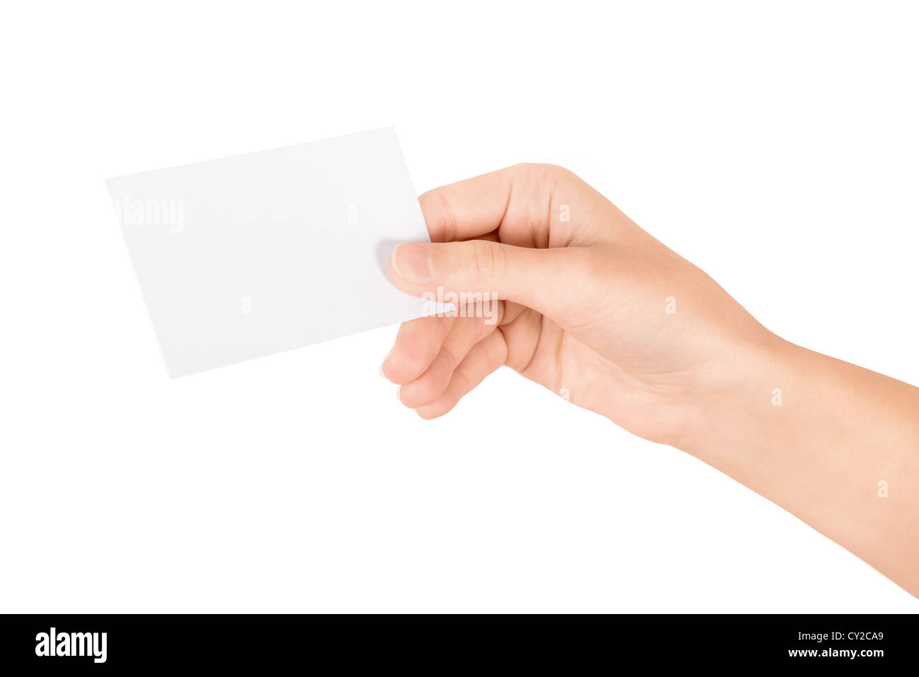 Hand holding blank business card. Isolé sur blanc. Banque D'Images