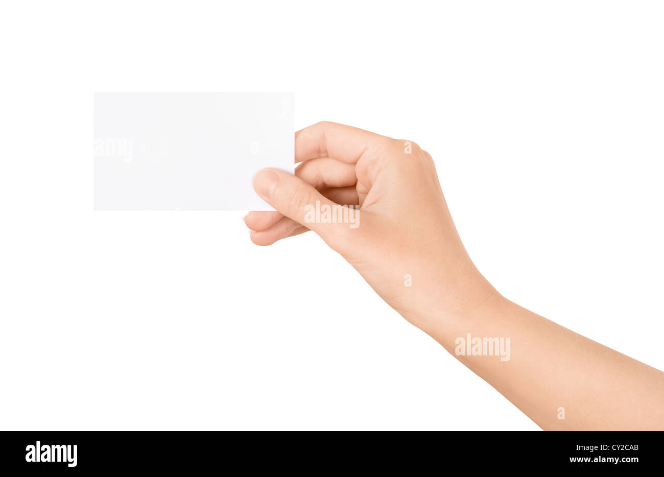Woman holding blank business carte en main. Isolé sur blanc. Banque D'Images