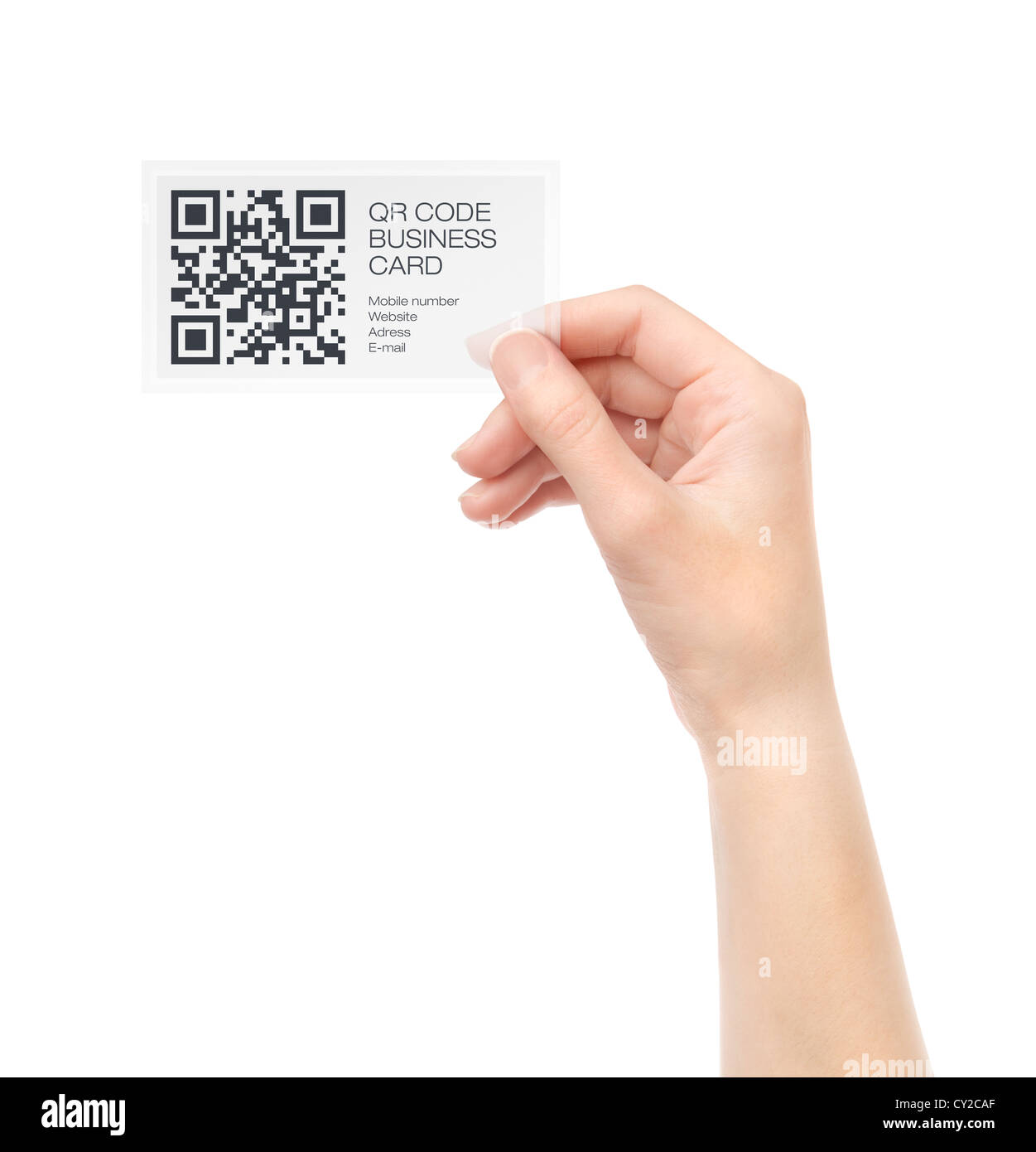 Femme hand holding transparent carte de visite avec QR code l'information. Isolé sur blanc. Banque D'Images
