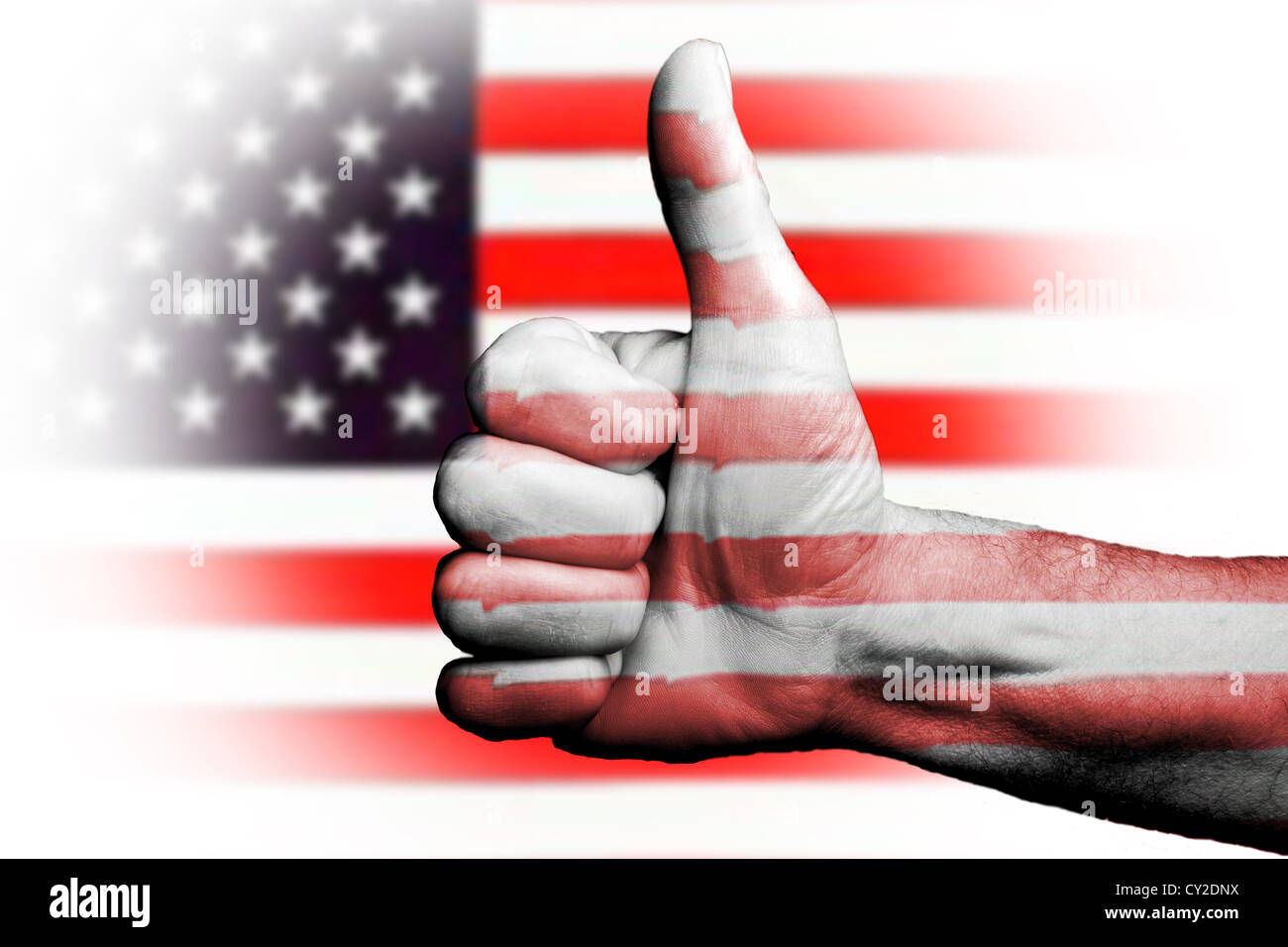 Thumbs up pour l'Amérique USA américains, métaphore sportive nous allons gagner l'emporter,vote de confiance pour le pays et les gens. Banque D'Images