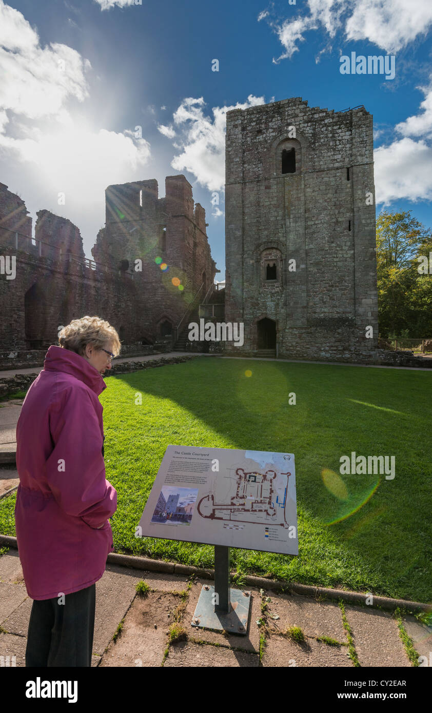 Touriste À LA RECHERCHE DE PLAN À GOODRICH CASTLE en ruines de château PRÈS DE ROSS-on-Wye, Herefordshire ANGLETERRE UK Banque D'Images