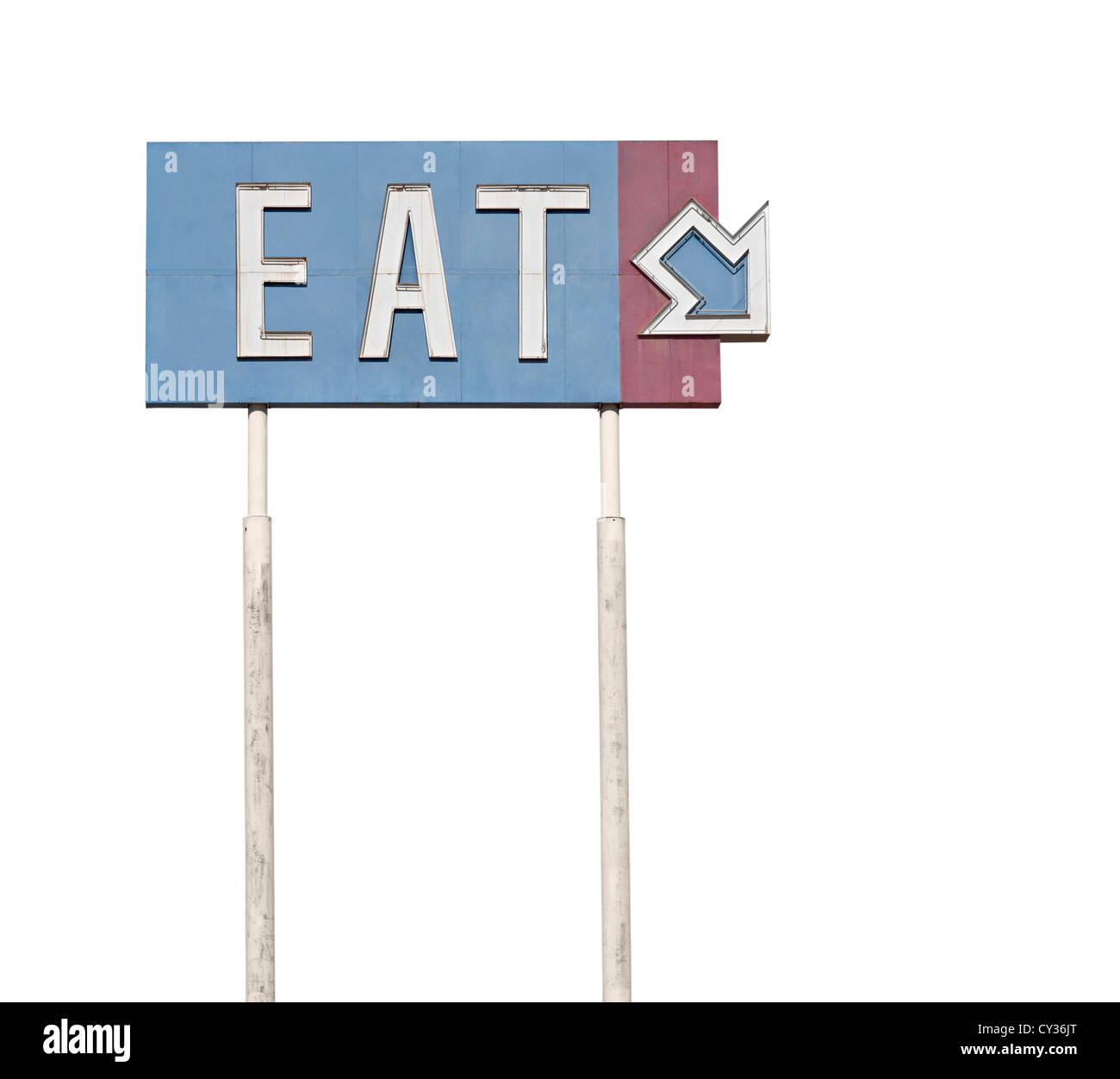 Tall retro manger panneau routier près de l'historique route 66. Banque D'Images