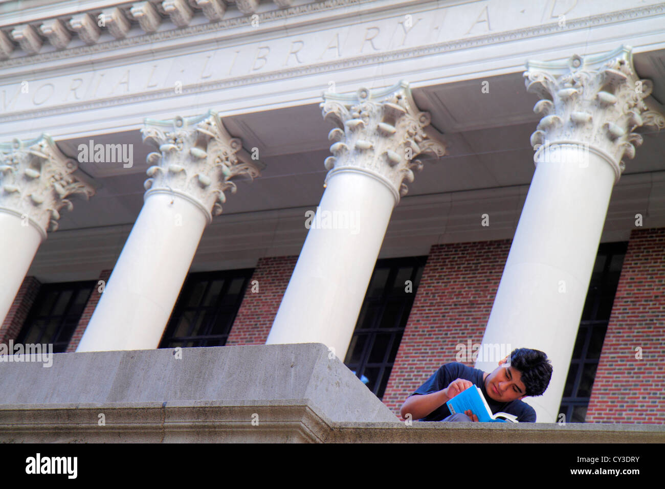 Cambridge Massachusetts, Boston Harvard University, campus, homme asiatique hommes hommes adultes, étudiants assis, bibliothèque Widener, devant, entrée, colum Banque D'Images