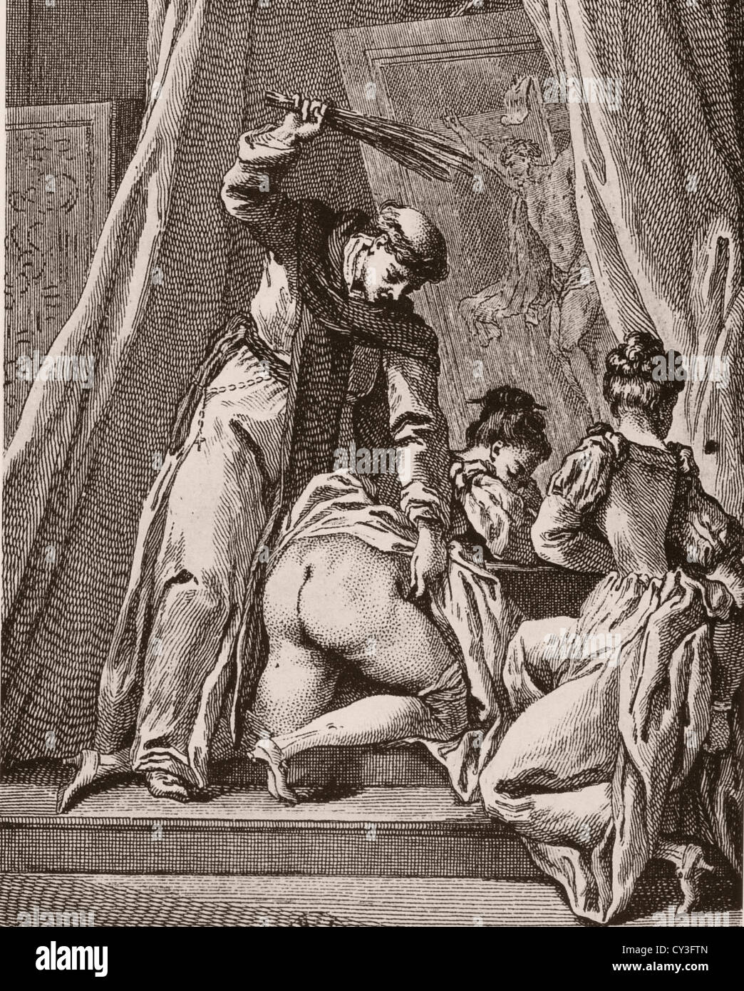 Charles Monnet (1732 - 1808) la flagellation de pénitents, gravure par d'Ambrum fin 1700 Banque D'Images