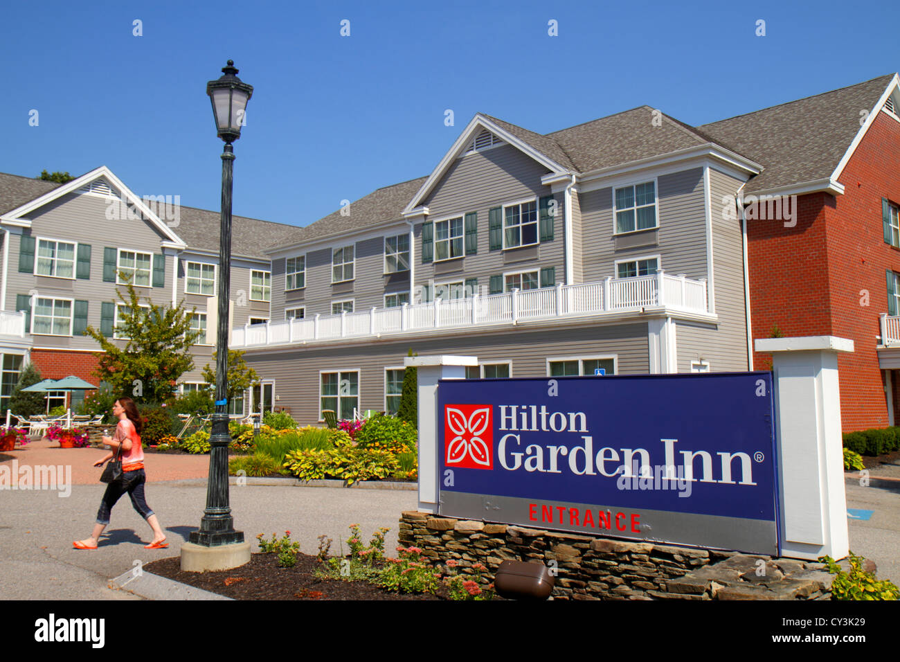 Maine,Nord-est,Nouvelle-Angleterre,Freeport,Hilton Garden Inn,motel,hôtel hôtels motels inn motel,avant,extérieur,entrée,paysage,panneau,logo Banque D'Images