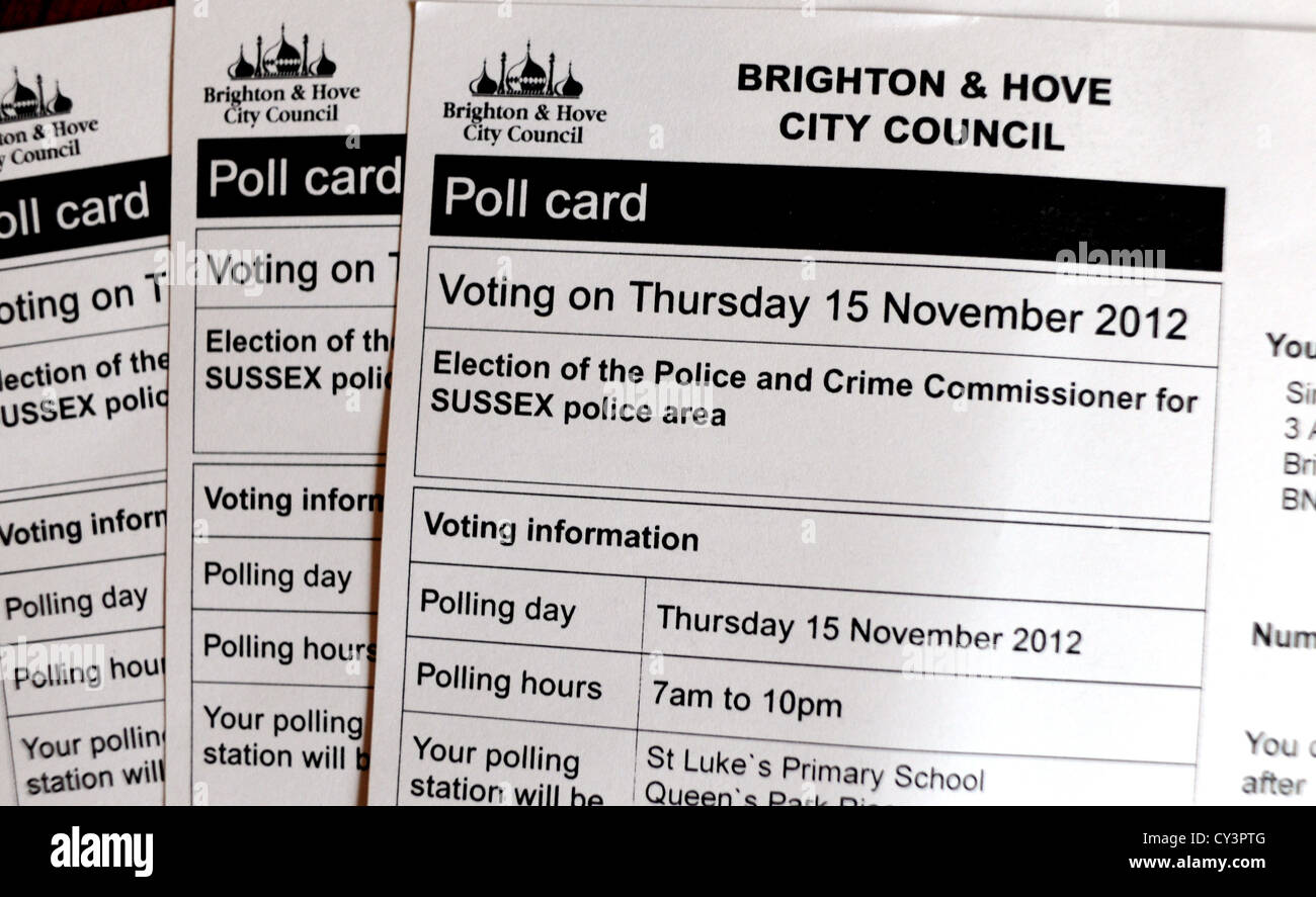 Carte de vote pour l'élection du commissaire de police et le crime pour la zone de Police 2012 Sussex Banque D'Images