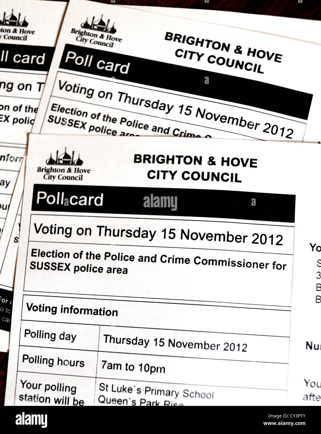 Carte de vote pour l'élection du commissaire de police et le crime pour la zone de Police 2012 Sussex Banque D'Images
