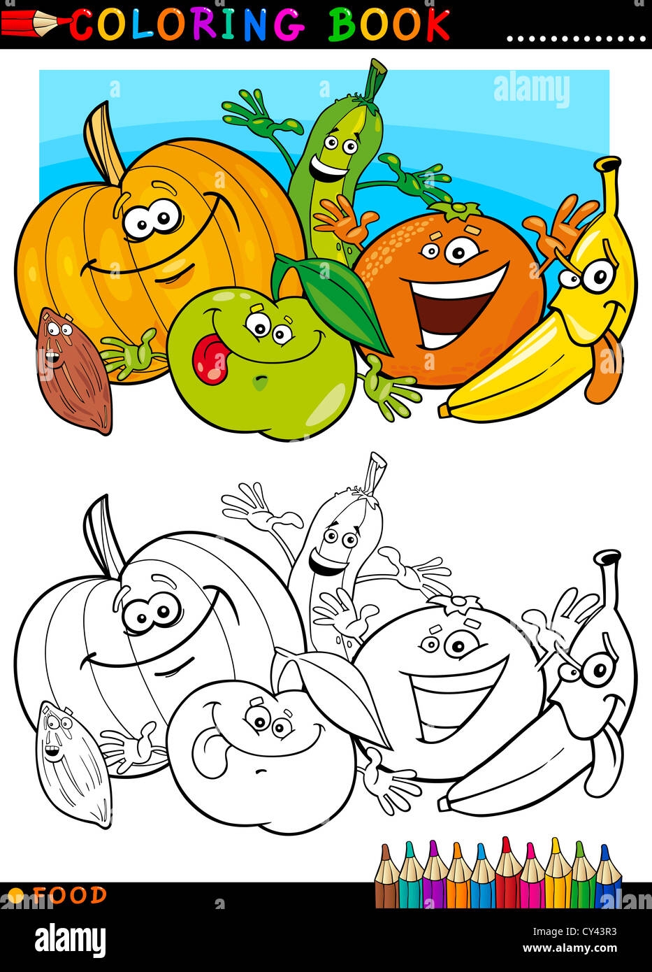 Livre de coloriage ou une page de bande dessinée de vulgarisation des caractères de nourriture drôle de fruits et légumes pour l'éducation des enfants Banque D'Images