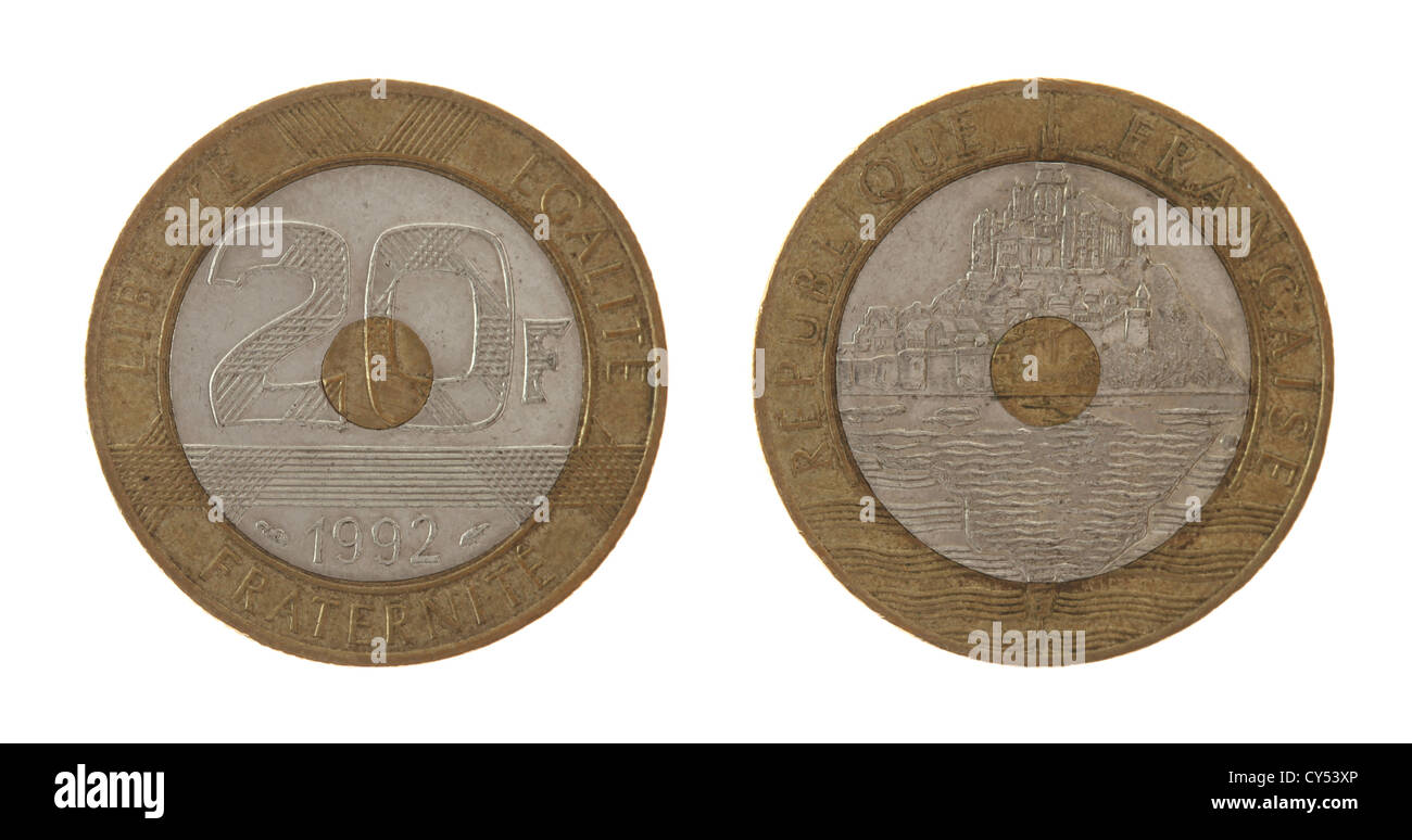 Ancienne pièce de 20 francs français représentant le Mont Saint Michel. Envers et isolé sur blanc. Banque D'Images