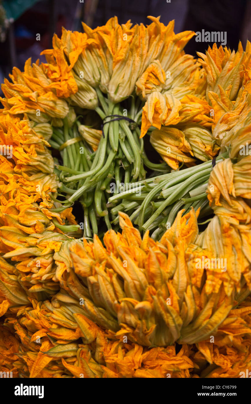 Flor de Calabaza ou Squash Blossoms utilisé en cuisine mexicaine à la Jamaïque Jamaïque Marché à Colonia Venustiano Carranza dans quartier Banque D'Images