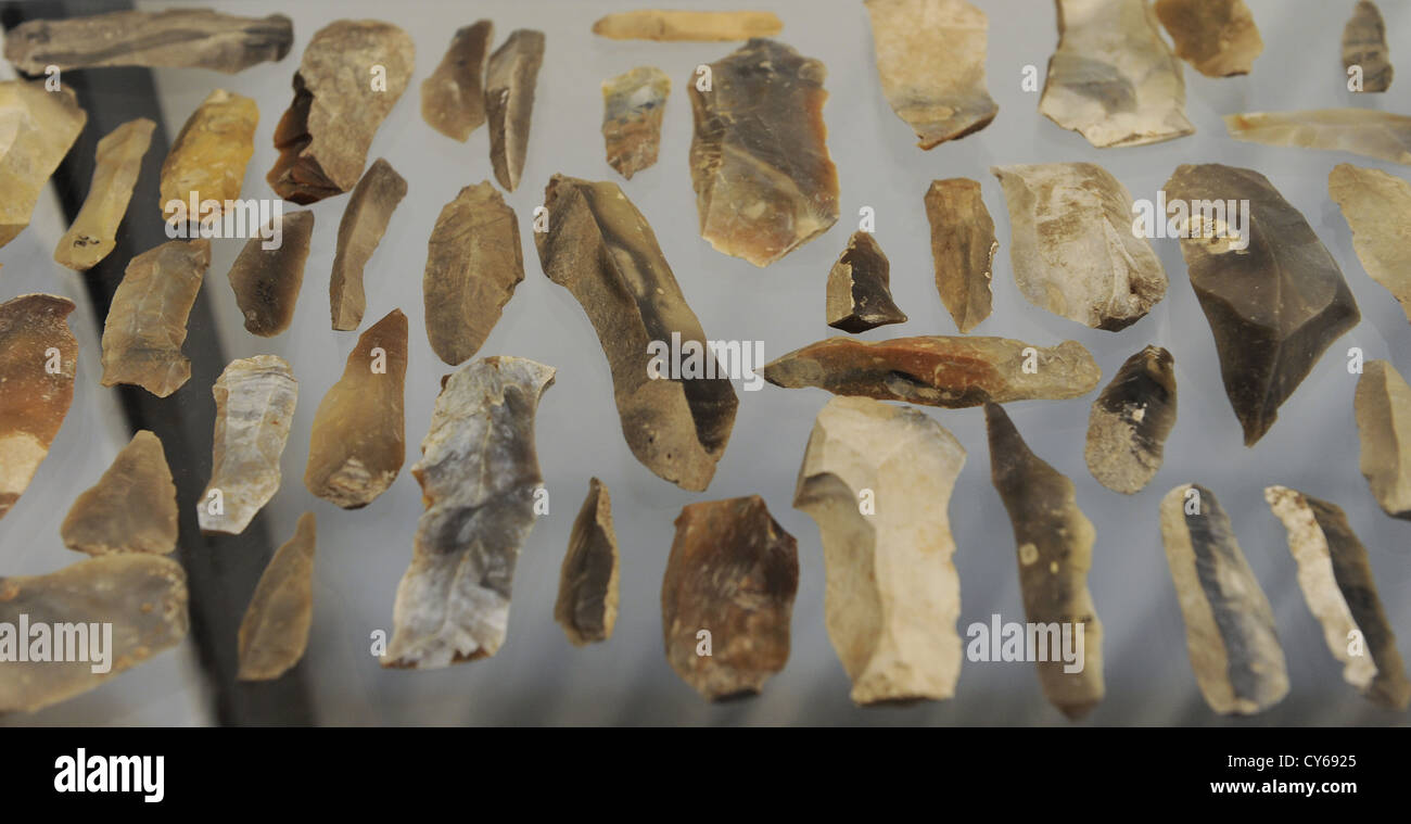 Bromme Culture, 11000 BC. Points, grattoirs, burins, lames et noyaux. Musée national du Danemark. Copenhague. Le Danemark. Banque D'Images