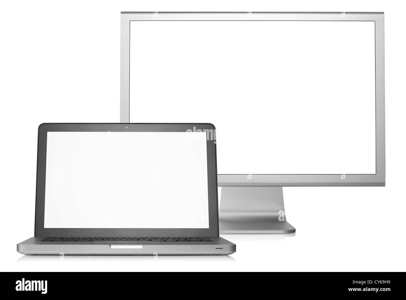 Ordinateur portable avec écran externe. Écran blanc. Isolé sur fond blanc Banque D'Images