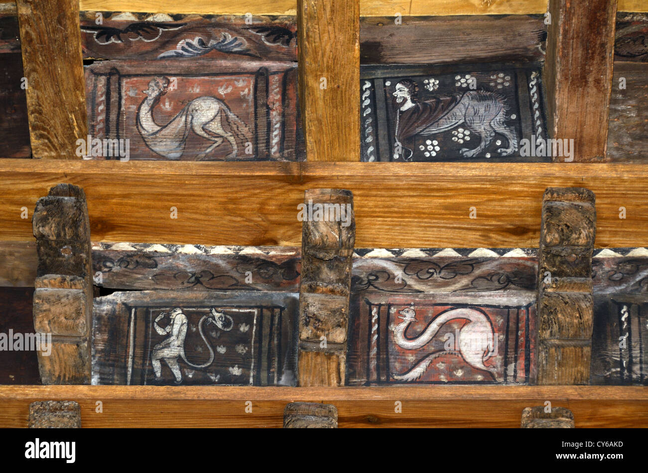 Plafond en bois avec Bestiaire médiéval peint dans les cloîtres de la cathédrale de Fréjus Var Provence France Banque D'Images