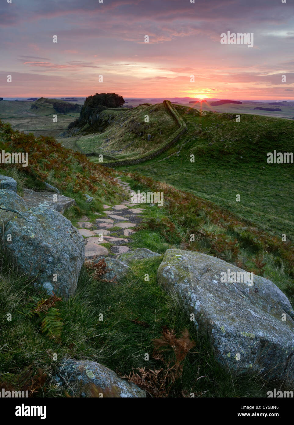 La muraille romaine à l'aube à la recherche vers le soleil levant à l'Est près de Fort romain de Housesteads dans Northumberland Banque D'Images