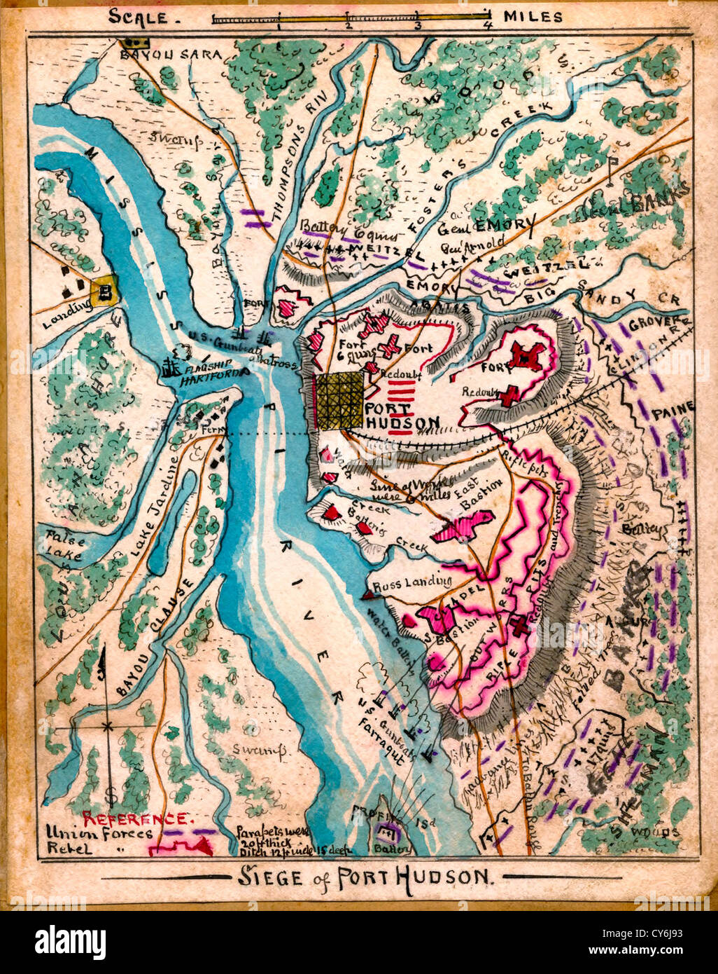 Siège de Port Hudson, États-Unis d'une guerre civile, 1863, le codage couleur indique l'emplacement de l'Union européenne et les forces confédérées. Banque D'Images