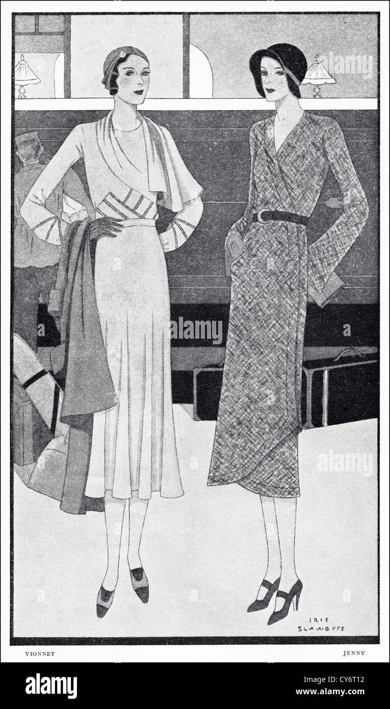 1930 Original illustration de magazine de mode d'été de Paris. (À gauche)  en crêpe Beige jaquette garnie d'une main hemstitching et joint d'écharpe  par créateur Vionnet. (À droite) de beige et marron