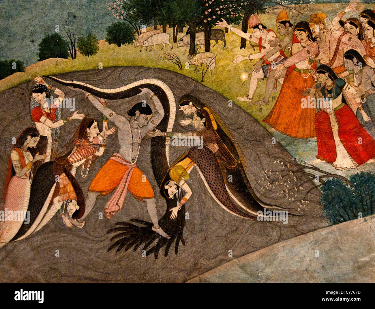 Krishna subjuguer Kaliya le démon Serpent Bhagavata Purana première génération après Manaku et Nainsukh 20 x 26cm Indian Banque D'Images