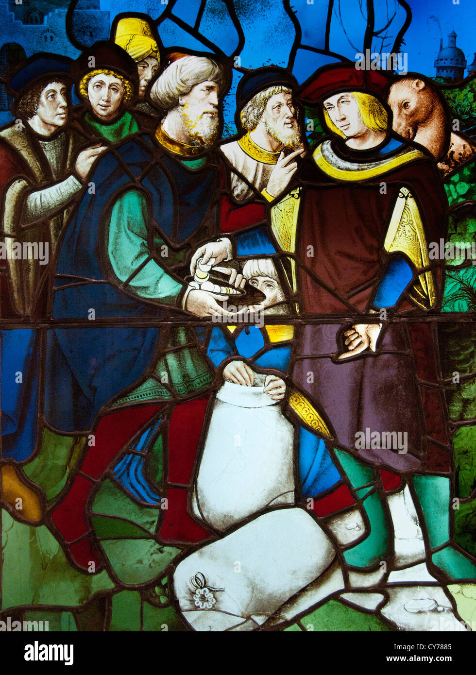 Découvrez les frères de Joseph l'argent dans leurs sacs de grain. 1530 Rouen français teinté de verre 91 x 66 cm Banque D'Images