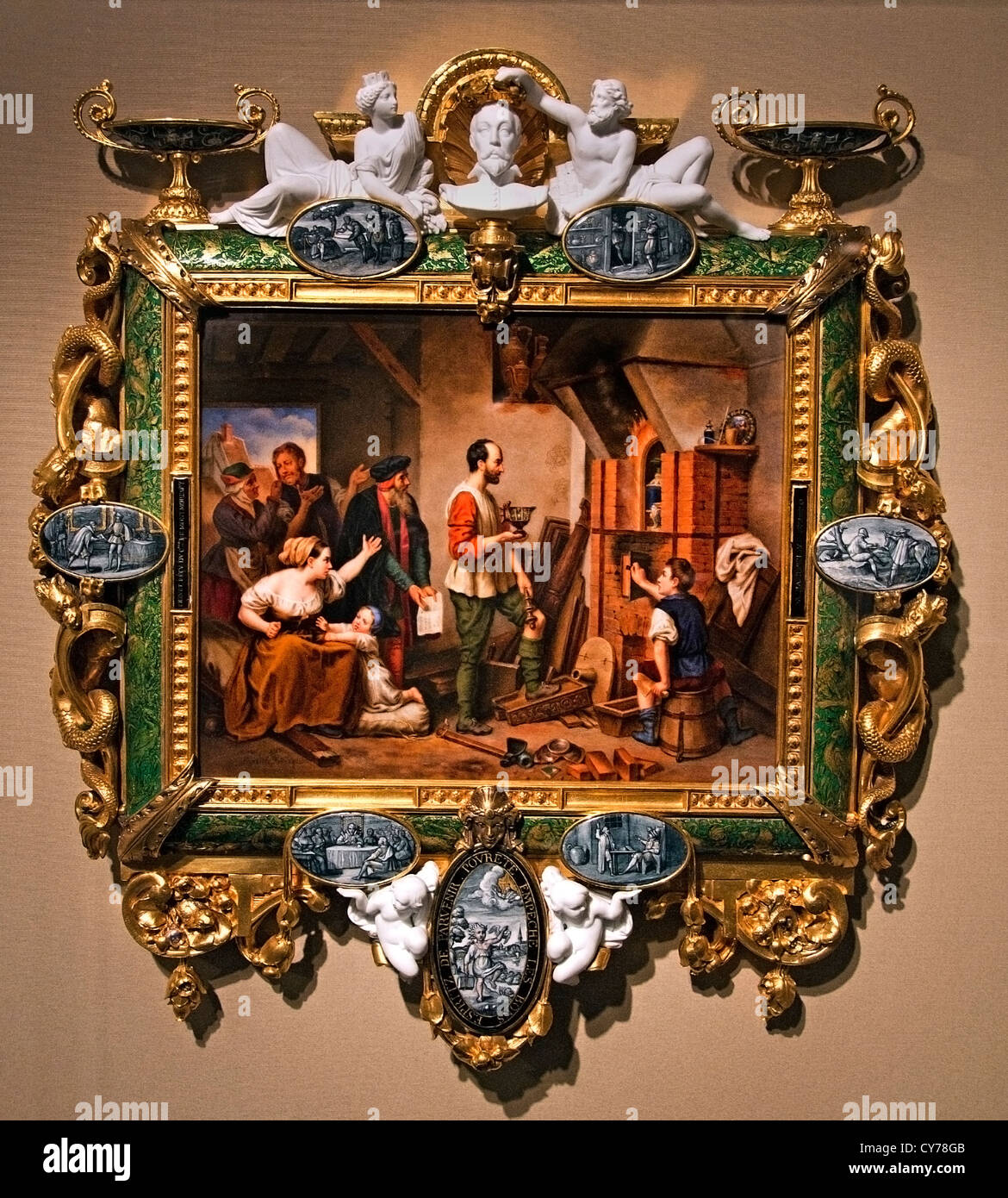 Plaque représentant Bernard Palissy Sèvres Manufacture décoration émail par Jacob Meyer Heine 1846 châssis français Armand Feuchère Banque D'Images