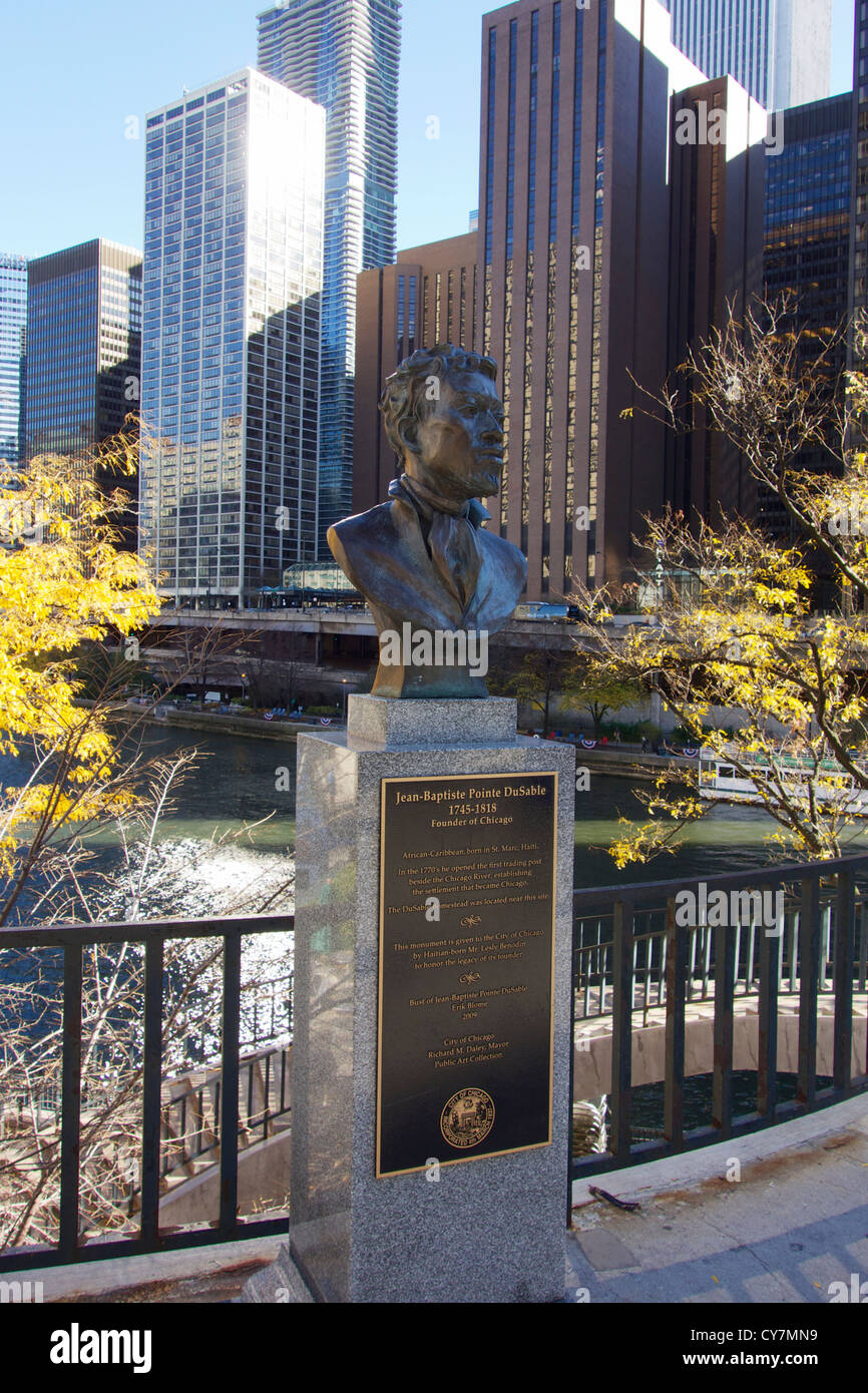 Buste de Jean-Baptiste Pointe DuSable, fondateur de Chicago. Cour de Pioneer, Michigan Avenue. Erik sculpteur Biome Banque D'Images