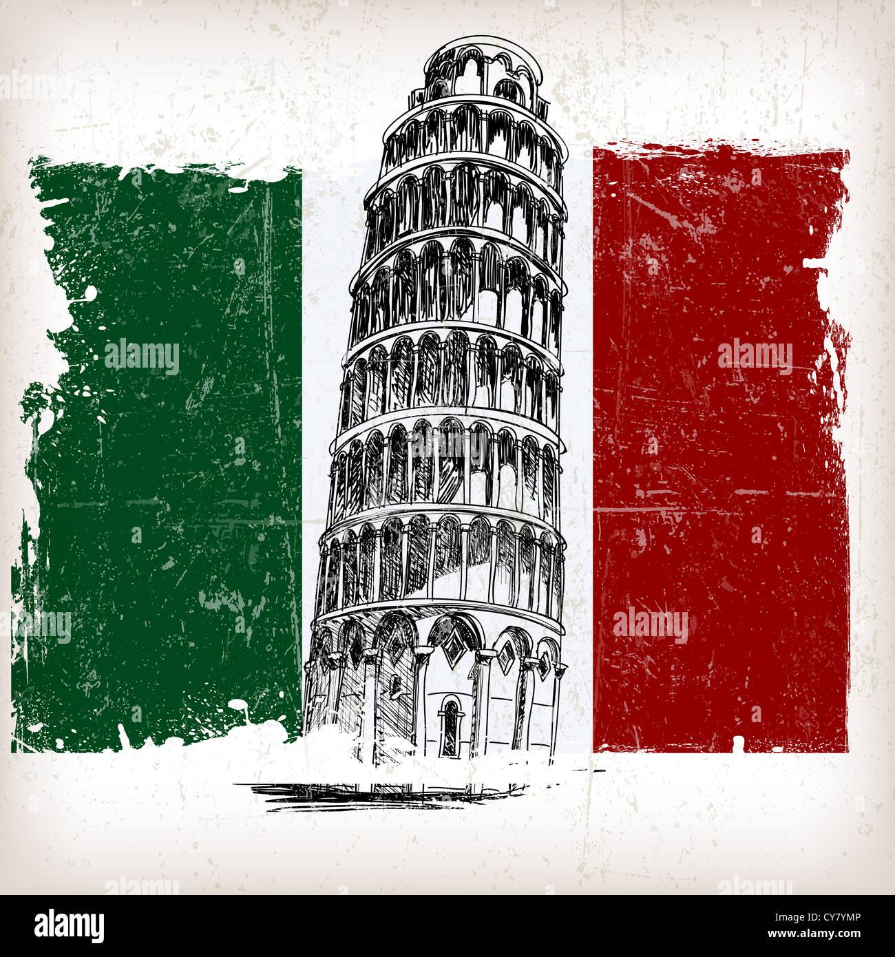 La tour penchée de Pise, le drapeau italien avec effet grunge Banque D'Images