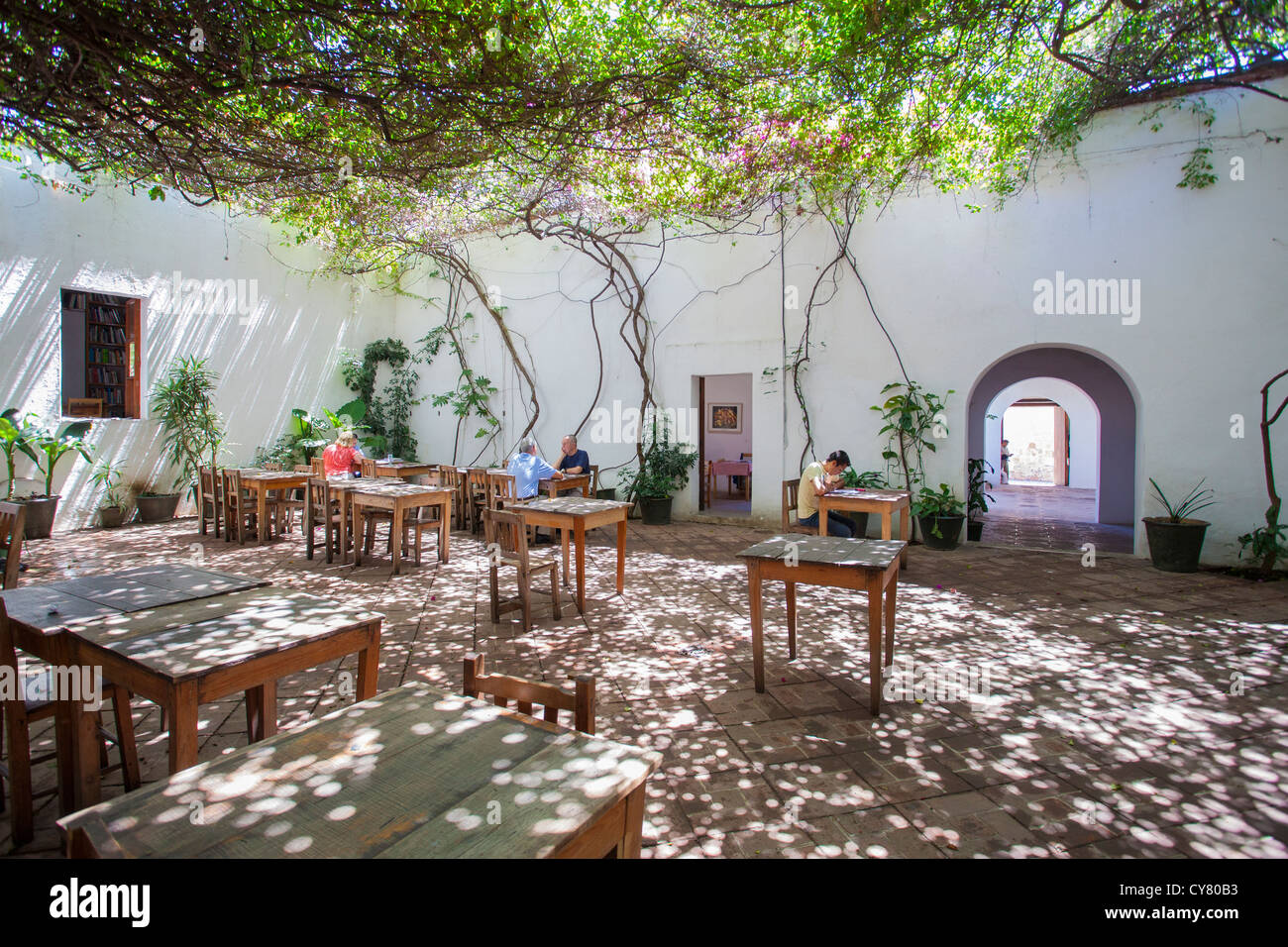 Les élèves étudient dans la cour de la mouchetée dans le centre historique d'Oaxaca, au Mexique. Banque D'Images