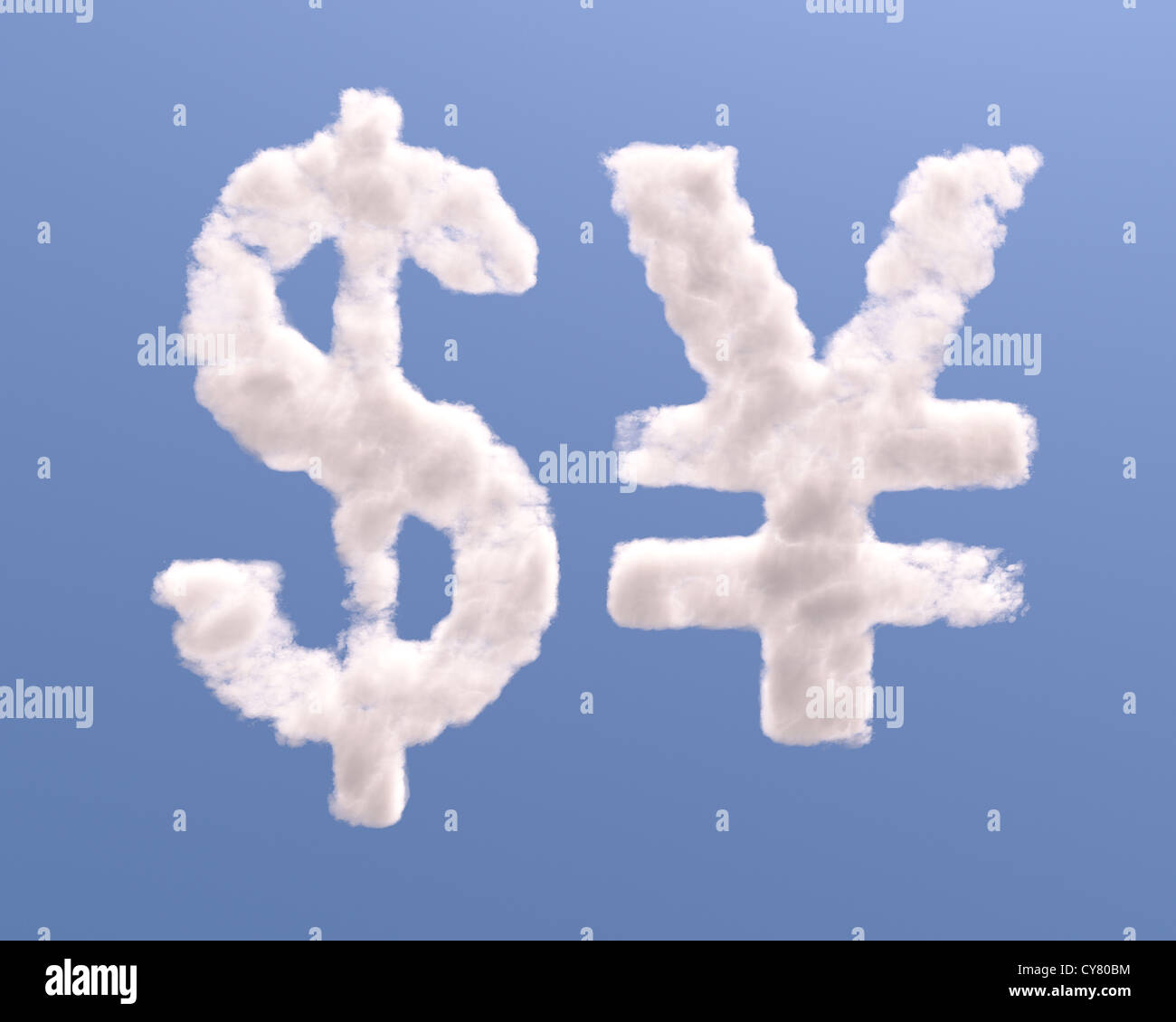 Yen Dollar et forme des symboles des nuages, isolé sur fond blanc Banque D'Images