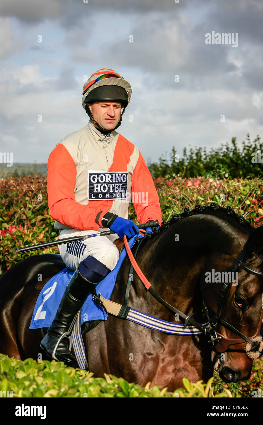 Horse and Jockey étant ont défilé autour de l'hippodrome de Wincanton à parieurs Banque D'Images