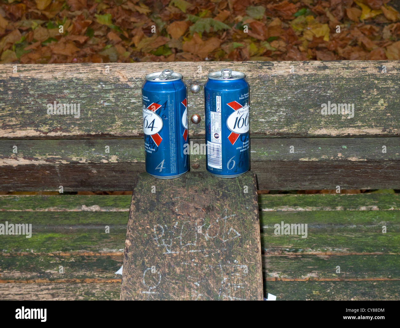 Deux boîtes de bière vides sur un banc de parc Banque D'Images