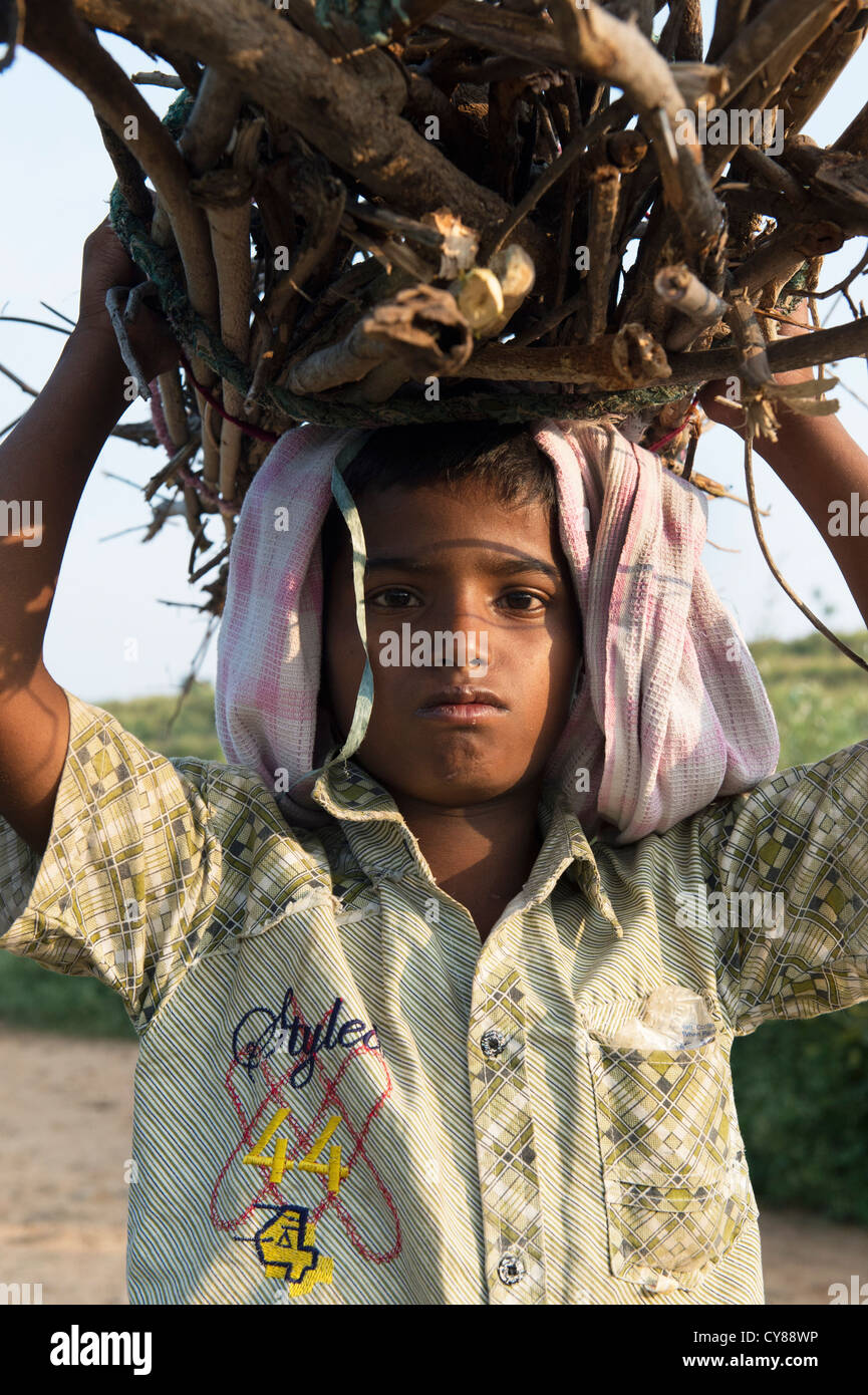 Jeune garçon du village indien transporter le bois sur sa tête. L'Andhra Pradesh, Inde Banque D'Images